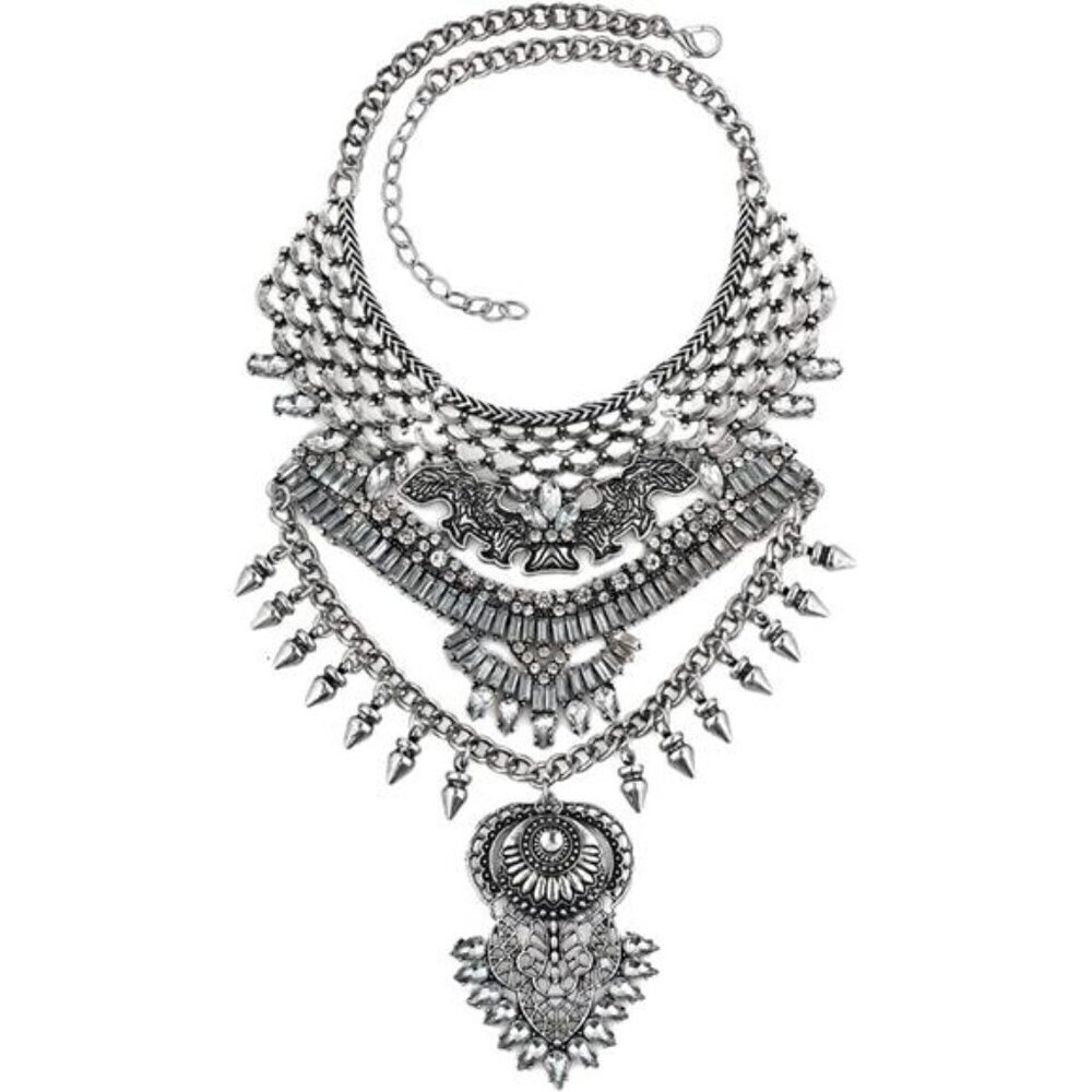 Long Tassel Chunky Boho Coin Statement Necklace For Women Silver